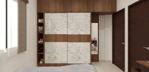 Textured wardrobe finish for modern interiors by interior designers Chennai